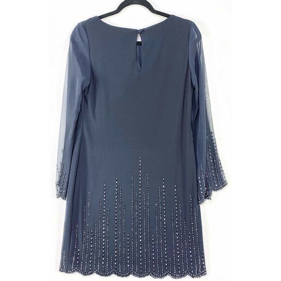 Xscape Evening Dress Women's 6 Blue With Silver Accent Mesh Sleeves Knee Length - Picture 2 of 10